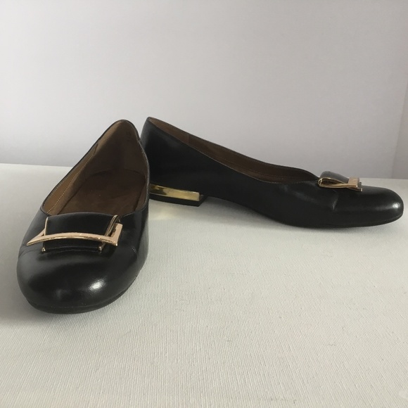 Aerosoles Womens Good Times Flats Black Leather Gold Trim 9.5 - Picture 1 of 8